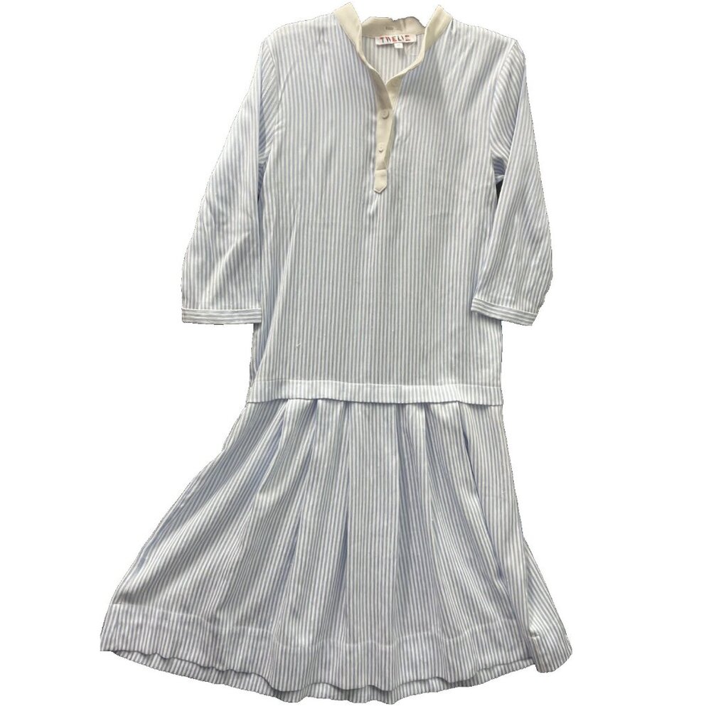 Twelve Dress Woman Striped White Blue Button Size 16 3/4 Sleeve Midi